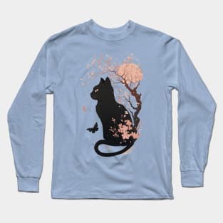 Cute Pink Japanese Cherry Blossom Cat Aesthetic Long Sleeve T-Shirt